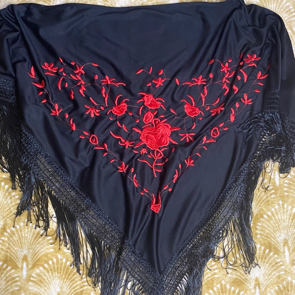 Elegant Black and Red Embroidered Shawl